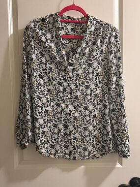 Adrianna Papell White Floral Long-Sleeve Blouse with Black & Gold Accents